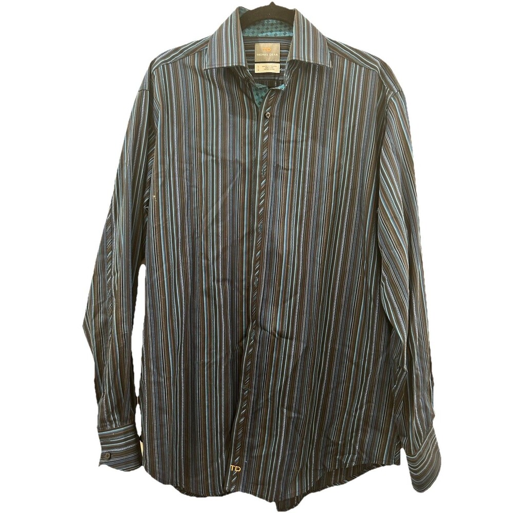 Thomas Dean Mens Size L Shirt Striped 100% Cotton Long Sleeve Button Down